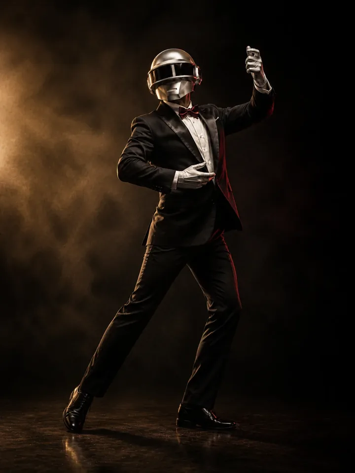 Bandó, con casco plateado y esmoquin, en posición de baile.